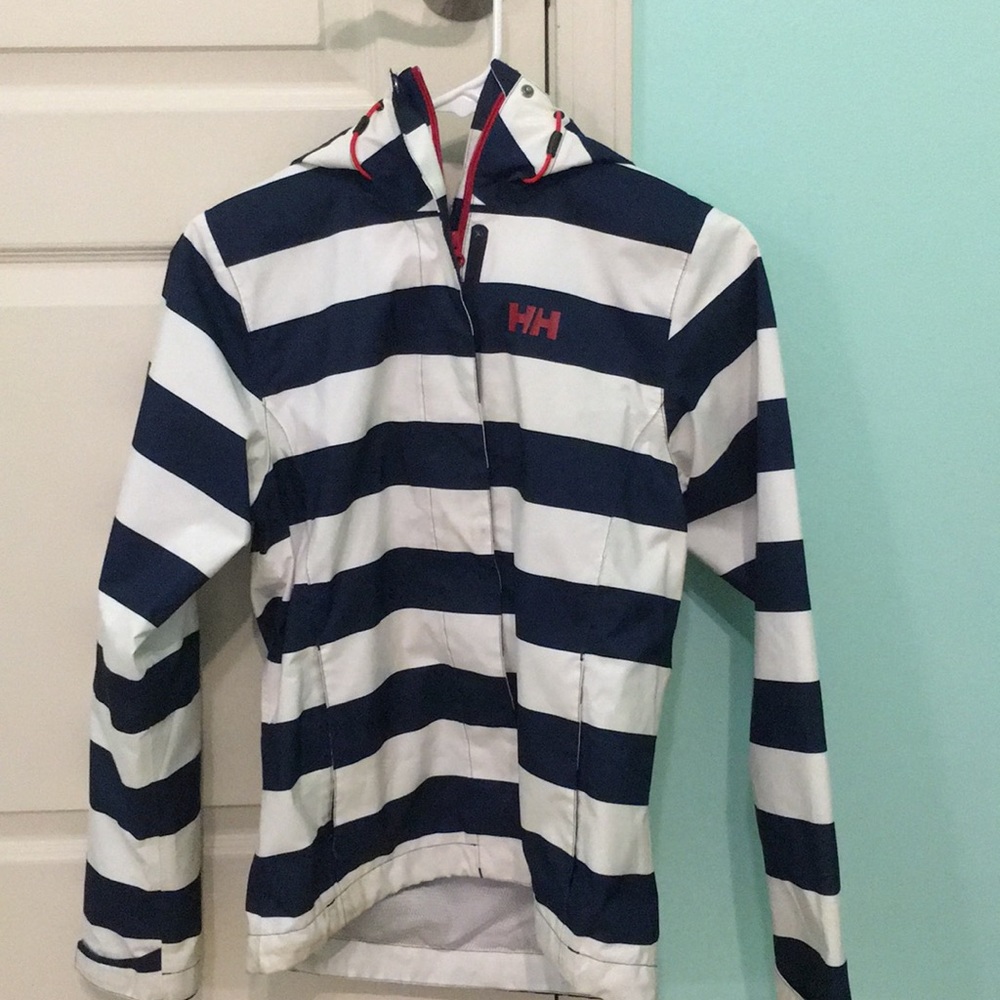 Helly Hansen navy and white striped raincoat